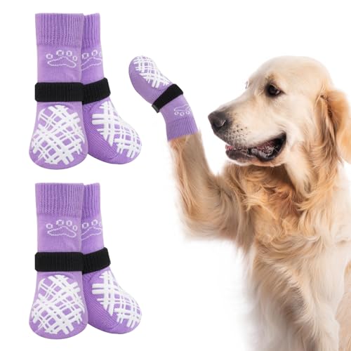 BEAUTYZOO Hundesocken für kleine, mittelgroße und große Hunde, rutschfeste Socken gegen Lecken für heiße/kalte Gehwege, Traktionskontrolle für Welpen, ältere Hunde, Lila, Größe XL von BEAUTYZOO