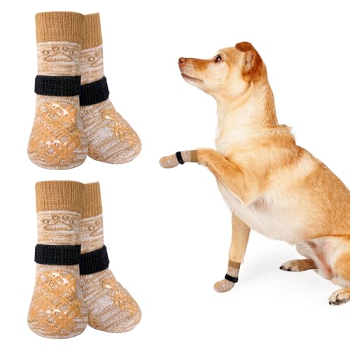 BEAUTYZOO Hundesocken für kleine, mittelgroße und große Hunde, rutschfeste Socken gegen Lecken für heiße/kalte Gehwege, Traktionskontrolle für Welpen, ältere Hunde, helles Khaki, Größe S von BEAUTYZOO