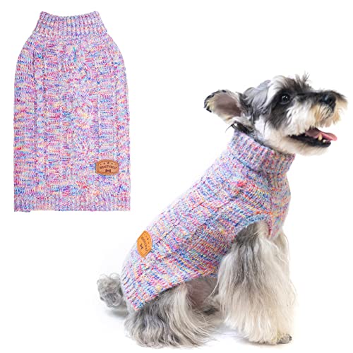 BEAUTYZOO Kleiner Hundepullover – Rollkragenpullover klassischer Zopfstrick, flauschiger Wintermantel für Hunde, kaltes Wetter, Kleidung für kleine, mittelgroße Hunde, Jungen (Regenbogenrosa, M/L) von BEAUTYZOO