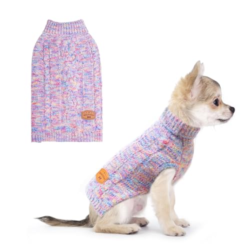 BEAUTYZOO Kleiner Hundepullover – Rollkragenpullover klassischer Zopfstrick, flauschiger Wintermantel für Hunde, kaltes Wetter, Kleidung für kleine, mittelgroße Hunde, Jungen (Regenbogenrosa, XXS) von BEAUTYZOO