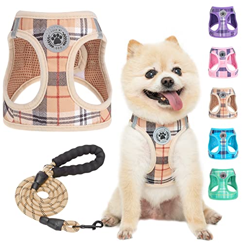 BEAUTYZOO Kleines Hundegeschirr und Leine, Set, kein Ersticken, kein Ziehen, weiches Netz-Hundegeschirr, reflektierend für extra kleine/kleine, kariertes Hundegeschirr für XS S Haustiere, Beige XXS von BEAUTYZOO