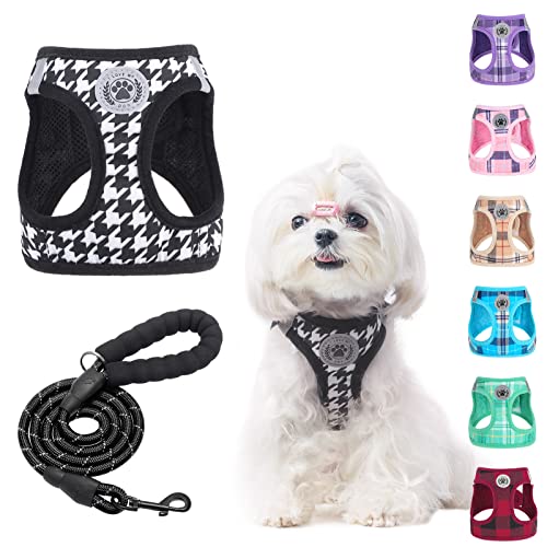 BEAUTYZOO Kleines Hundegeschirr und Leine, Step in No Chock No Pull Soft Mesh Hundegeschirr Reflektierend für extra kleine/kleine, Plaid Hundeweste Geschirr für XS S Haustiere, Schwarz XS von BEAUTYZOO