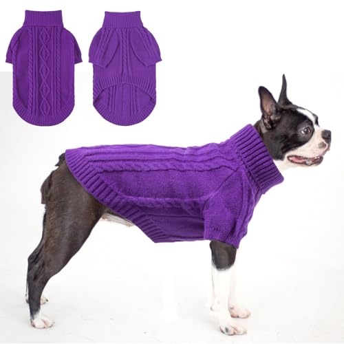 BEAUTYZOO Pullover für kleine Hunde, klassischer Rollkragenpullover, Zopfmuster, dicke Hundekleidung für kaltes Wetter, für kleine und mittelgroße Hunde, Welpen, Mädchen, Jungen, Lila, Größe M von BEAUTYZOO