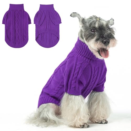 BEAUTYZOO Pullover für kleine Hunde, klassischer Rollkragenpullover, Zopfmuster, dicke Hundekleidung für kaltes Wetter, für kleine und mittelgroße Hunde, Welpen, Mädchen, Jungen, Lila, Größe S von BEAUTYZOO