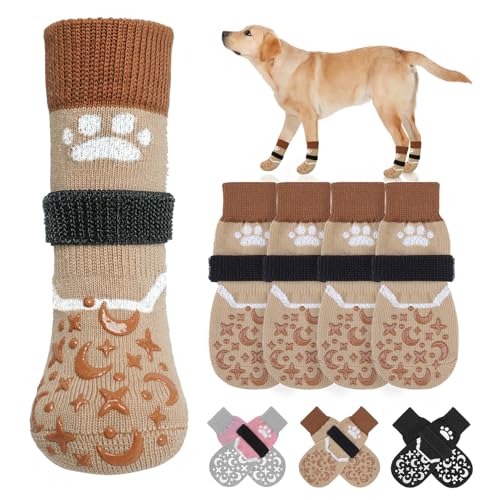 BEAUTYZOO Reflektierende rutschfeste Hundesocken, um das Lecken von Pfoten zu verhindern, Hundeschuhe für heiße und kalte Gehwege, Hartholzböden, verdrehsichere Pfotenschutz, doppelseitig, dicke von BEAUTYZOO