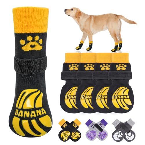 BEAUTYZOO Rutschfeste Hundesocken, Pfotenschutz mit Griffen, 2 Paar für Welpen, kleine, mittelgroße und große ältere Hunde, Hundesocken gegen Lecken und Hartholzbodenschutz, Bananen SM von BEAUTYZOO