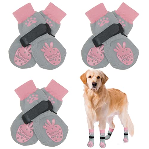 BEAUTYZOO Rutschfeste Hundesocken mit Griffen, Traktionskontrolle für kleine, mittelgroße und große Hunde, rutschfester Innenbereich, doppelseitiger Pfotenschutz für Hartholzböden (Erdbeere, groß) von BEAUTYZOO