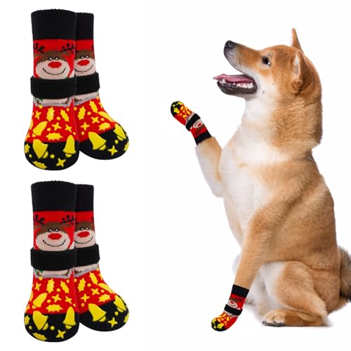 BEAUTYZOO Weihnachtliche Hundesocken gegen Lecken von Pfoten, Hartholzböden, rutschfeste Hundesocken mit Greifern, Hundepfotenschutz, Hundeschuhe für den Innenbereich, ältere Hundeschuhe von BEAUTYZOO