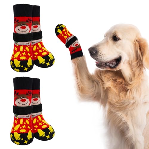 BEAUTYZOO Weihnachts-Hundesocken gegen Lecken von Pfoten, Hartholzböden, rutschfest, mit Greifern, Hundepfotenschutz, Hundeschuhe für den Innenbereich, Senioren-Hundeschuhe von BEAUTYZOO