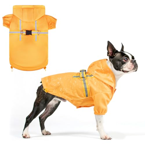 BEAUTYZOO Winddichter Hunde-Regenmantel, warme Hunderegenjacke mit Kapuze und Loch für die Leine, reflektierender Riemen für kleine, mittelgroße Hunde und Katzen, Gelb, Größe L von BEAUTYZOO