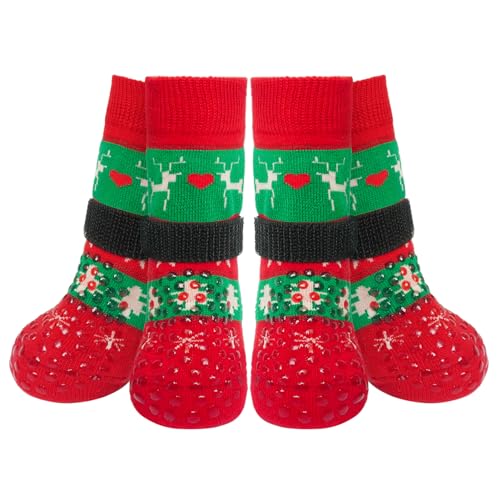 BEAUTYZOO Winter-Hundesocken für kleine, mittelgroße und große ältere Hunde, rutschfeste Hundeschuhe für Hartholzböden, Weihnachtsferien, Haustiersocken gegen Lecken von Pfotenwunden, Anti-Verdrehen von BEAUTYZOO