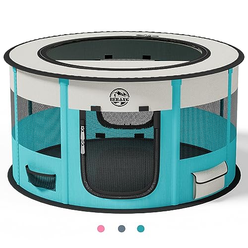 Hundelaufställe Playpen für Hunde 110 cm große Faltbare Haustierspielstifte Innen im Freien Übungstift mit Tragetasche Food Bowl für Katzenpuppen -Kaninchen (Cyan, 44Zoll) von BEBANG