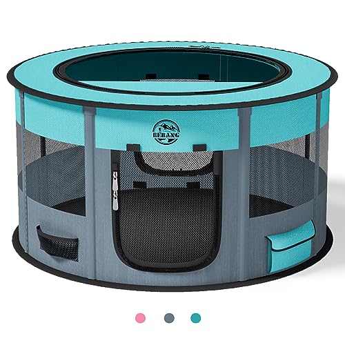 Hundelaufställe Playpen für Hunde 110 cm große Faltbare Haustierspielstifte Innen im Freien Übungstift mit Tragetasche Food Bowl für Katzenpuppen -Kaninchen (GRAU, 36Zoll) von BEBANG