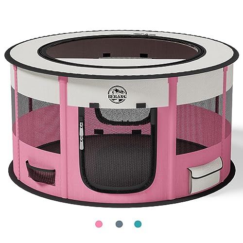 Hundelaufställe Playpen für Hunde 110 cm große Faltbare Haustierspielstifte Innen im Freien Übungstift mit Tragetasche Food Bowl für Katzenpuppen -Kaninchen (ROSA, 36Zoll) von BEBANG