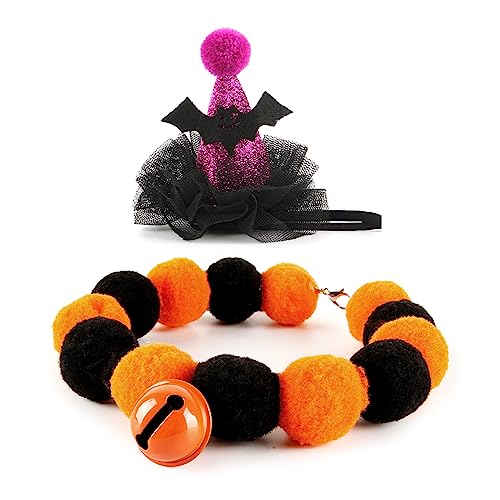 Halsketten, lustiger Kürbis-/Fledermaus-Hut für Katzen, Halloween, schelmische, Partyhut, Haustier, Winter, hält warm mit Pompons, Halskette von BEBIKR