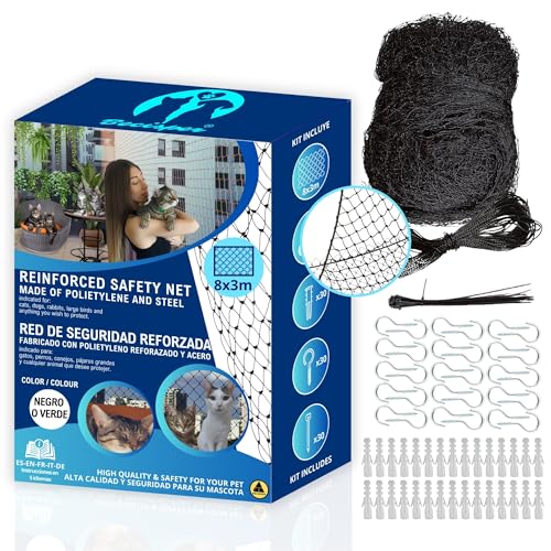 BECISPER Verstärktes Katzennetz extra groß, 8 x 3 m, Katzennetz Balkon, Katzennetz Fenster, Balkon Katzennetz für Balkon, Kindersicherungsnetz, Katzenschutznetz, Schwarz von BECISPER