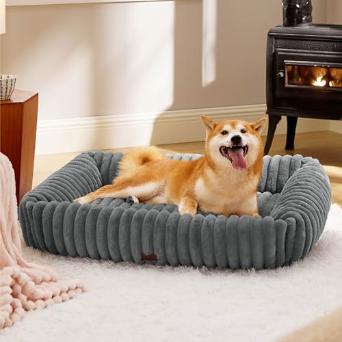 BEDSURE Hundebett flauschig Grosse Hunde - 91x68x20 cm Cord Fleece Hundesofa waschbar Hundebetten hoher Rand,grau von BEDSURE