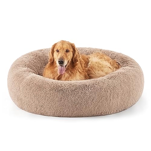 BEDSURE Hundebett waschbar Flauschiges Hundebett - Ø 115 cm Donut Hundebett für große Hunde, plüsch Hundebett rund Kuschelbett, Kamel von BEDSURE