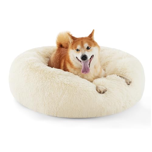 BEDSURE Hundebett waschbar Flauschiges Hundebett - Ø 80 cm Donut Hundebett für große Hunde, plüsch Hundebett rund Kuschelbett, Hafermilch von BEDSURE