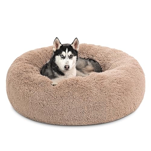 BEDSURE Hundebett waschbar Flauschiges Hundebett - Ø 91 cm Donut Hundebett für große Hunde, plüsch Hundebett rund Kuschelbett, Kamel von BEDSURE