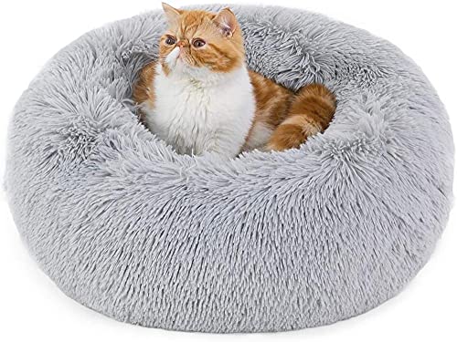 BEDSURE Hundebett waschbar Flauschiges Katzenbett - Ø 50 cm Donut Kissen, Katzenschlafplatz für Katzen Kleine Mittelgroße Hunde, Plüsch Katzenkissen Rund Kuschelbett, Hellgrau von BEDSURE