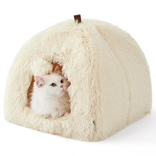 BEDSURE Katzenbett große Katzen Katzenhöhle- 40x40x40 cm Plüsch Katzenhaus Indoor mit abnehmbarem Katzenkissen und hängendem Spielzeug, Katzen Bettchen waschbar, Beige von BEDSURE