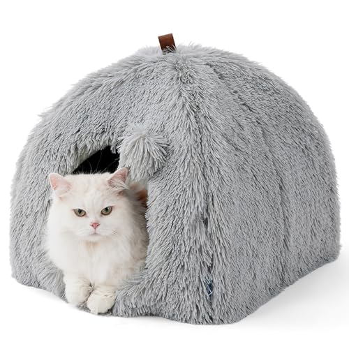 BEDSURE Katzenbett große Katzen Katzenhöhle- 40x40x40 cm Plüsch Katzenhaus Indoor mit abnehmbarem Katzenkissen und hängendem Spielzeug, Katzen Bettchen waschbar, Grau von BEDSURE