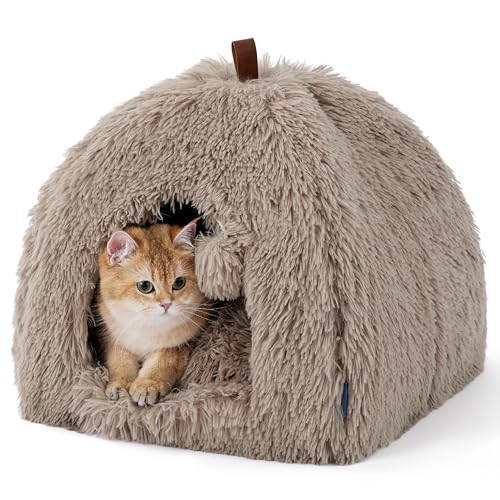 BEDSURE Katzenbett große Katzen Katzenhöhle- 40x40x40 cm Plüsch Katzenhaus Indoor mit abnehmbarem Katzenkissen und hängendem Spielzeug, Katzen Bettchen waschbar, Kamel von BEDSURE