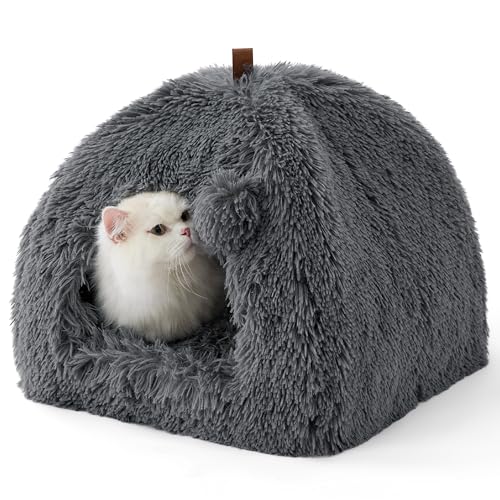 BEDSURE Katzenbett große Katzen Katzenhöhle- 40x40x40 cm Plüsch Katzenhaus Indoor mit abnehmbarem Katzenkissen und hängendem Spielzeug, Katzen Bettchen waschbar, dunkelgrau von BEDSURE