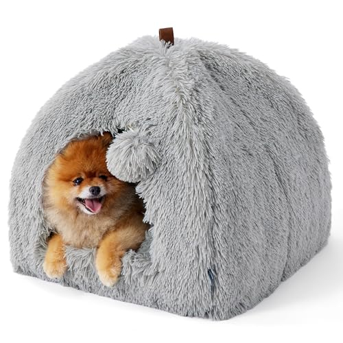 BEDSURE Katzenbett große Katzen Katzenhöhle- 44x44x44 cm Plüsch Katzenhaus Indoor mit abnehmbarem Katzenkissen und hängendem Spielzeug, Katzen Bettchen waschbar, Grau von BEDSURE