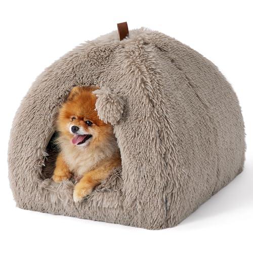 BEDSURE Katzenbett große Katzen Katzenhöhle- 44x44x44 cm Plüsch Katzenhaus Indoor mit abnehmbarem Katzenkissen und hängendem Spielzeug, Katzen Bettchen waschbar, Kamel von BEDSURE