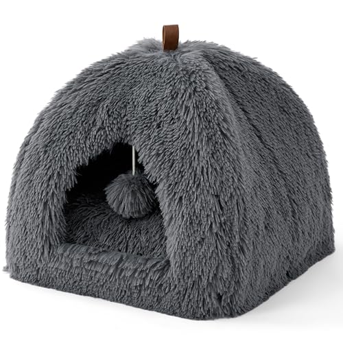 BEDSURE Katzenbett große Katzen Katzenhöhle- 44x44x44 cm Plüsch Katzenhaus Indoor mit abnehmbarem Katzenkissen und hängendem Spielzeug, Katzen Bettchen waschbar, dunkelgrau von BEDSURE