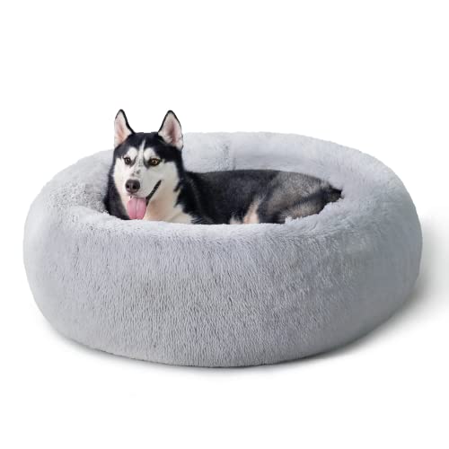 BEDSURE Katzenbett waschbar Flauschiges Hundebett - Ø 80 cm Katzenschlafplatz für Katzen und Hunde, plüsch Katzenkissen rund Kuschelbett, hellgrau von BEDSURE