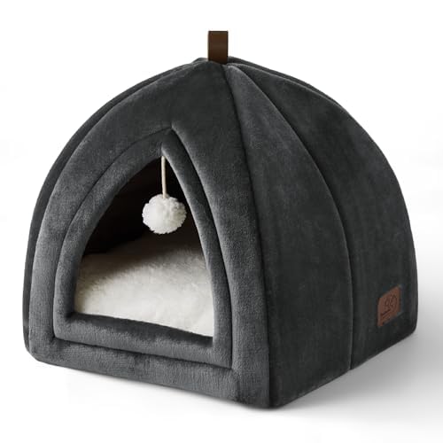 BEDSURE Katzenhöhle Katzen Dunkelgrau - Faltbare Katzenbett mit waschbaren Kissen, Katzenzelt für Kätzchen kleine, mittelgroße Haustier, weiches und warmes Katzenhaus für drinnen, 40x40x40cm von BEDSURE