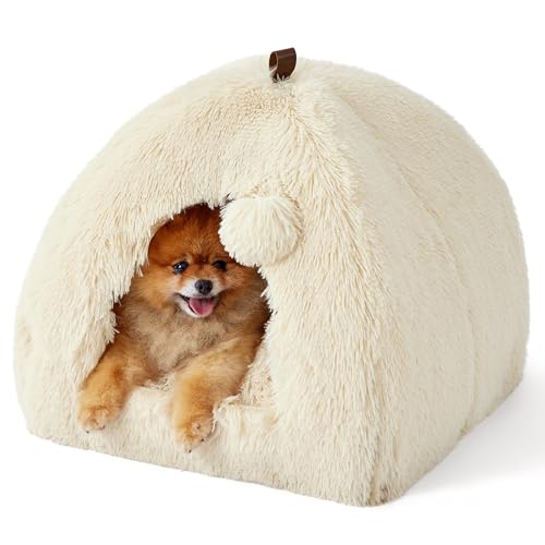 BEDSURE Katzenbett große Katzen Katzenhöhle- 44x44x44 cm Plüsch Katzenhaus Indoor mit abnehmbarem Katzenkissen und hängendem Spielzeug, Katzen Bettchen waschbar, Beige von BEDSURE