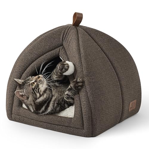 BEDSURE Katzenbett große Katzen Katzenhöhle- 40x40x40 cm Katzenhaus Indoor mit abnehmbarem Sherpa Katzenkissen und hängendem Spielzeug, Katzen Bettchen waschbar, braun von BEDSURE