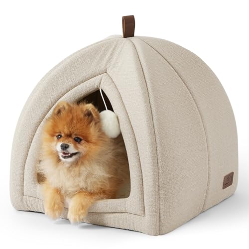 BEDSURE Katzenbett große Katzen Katzenhöhle- 44x44x44 cm Katzenhaus Indoor mit abnehmbarem Sherpa Katzenkissen und hängendem Spielzeug, Katzen Bettchen waschbar, Beige von BEDSURE