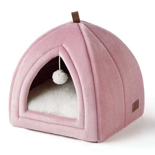 Bedsure Katzenhöhle große Katzen Rosa - Faltbare Katzenbett mit waschbaren Kissen, Katzenzelt für Kätzchen kleine, mittelgroße Haustier, weiches und warmes Katzenhaus für drinnen, 38x38x38cm von BEDSURE