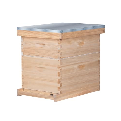 Bienenstock mit 8 Rahmen, Compelte Bee Hive Starter Kit enthält 1 Deep Brod Honey Bee Hives Box, 1 mittelgroße Super Bee Box mit Bienenstockrahmen und Fundamentbögen von BEEINN