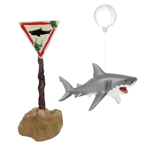 BEEMERIT Aquarium Shark Decor Set - Schwimmender Weißer Hai mit Hai Warnschild für Aquarien - dekoratives Zubehör für Aquarien (Achtung - Shark Crossing) von BEEMERIT