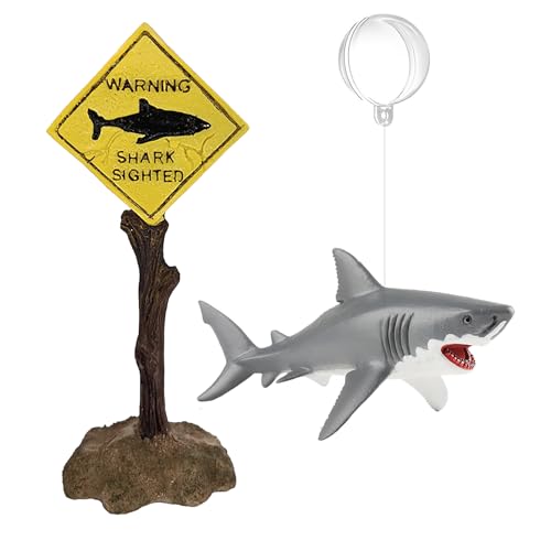 BEEMERIT Aquarium Shark Decor Set - Schwimmender Weißer Hai mit Hai Warnschild für Aquarien - dekoratives Zubehör für Aquarien (Shark Sighted) von BEEMERIT