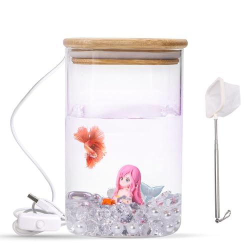 Mini Betta Aquarium mit LED-Licht, USB-betrieben, dekoratives Aquarium für kleine Fischarten – Betta, Guppies, Tetras – ideal für Zuhause und Büro von BEEMERIT