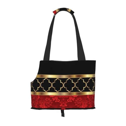 Tragetasche für Haustiere, tragbare Reise-Hundehandtasche mit Sicherheits-Metallschnalle für U-Bahn-Wanderungen, Elegantes Rot-Schwarz-Gold-Viatrefoil-Muster von BEEOFICEPENG