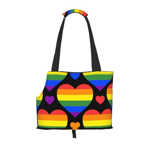 Tragetasche für Haustiere, tragbare Reise-Hundehandtasche mit Sicherheits-Metallschnalle für U-Bahn-Wanderungen, Gay Pride Flagge mit Regenbogenherzen von BEEOFICEPENG