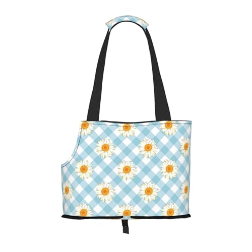 Tragetasche für Haustiere, tragbare Reise-Hundehandtasche mit Sicherheits-Metallschnalle für U-Bahn-Wanderungen, Retro Gänseblümchen Blumen Blau Karomuster von BEEOFICEPENG