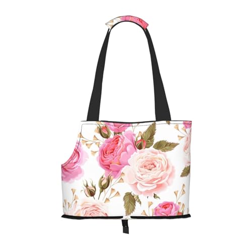 Tragetasche für Haustiere, tragbare Reise-Hundehandtasche mit Sicherheits-Metallschnalle für U-Bahn-Wanderungen, Rosa und weiße Rose von BEEOFICEPENG