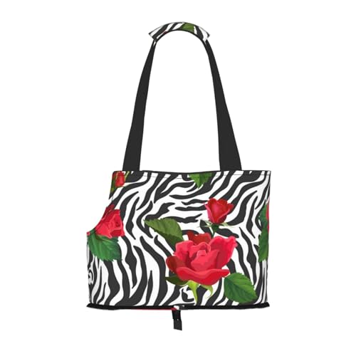 Tragetasche für Haustiere, tragbare Reise-Hundehandtasche mit Sicherheits-Metallschnalle für U-Bahn-Wanderungen, Rote Blume Tier Zebra von BEEOFICEPENG