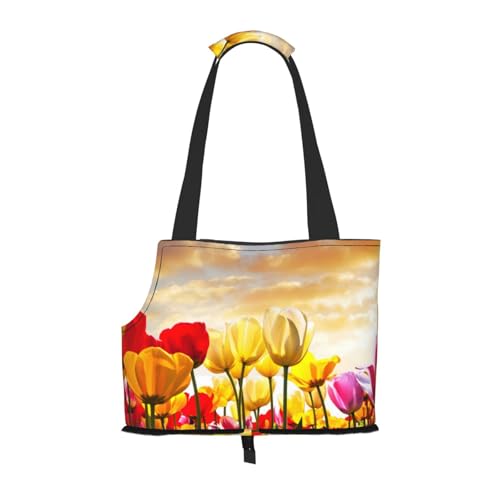 Tragetasche für Haustiere, tragbare Reise-Hundehandtasche mit Sicherheits-Metallschnalle für U-Bahn-Wanderungen, Tulpe Blume Sonnenuntergang von BEEOFICEPENG