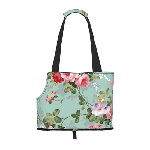 Tragetasche für Haustiere, tragbare Reise-Hundehandtasche mit Sicherheits-Metallschnalle für U-Bahn-Wanderungen, Vintages elegantes rosa rotes Rosen-Muster von BEEOFICEPENG