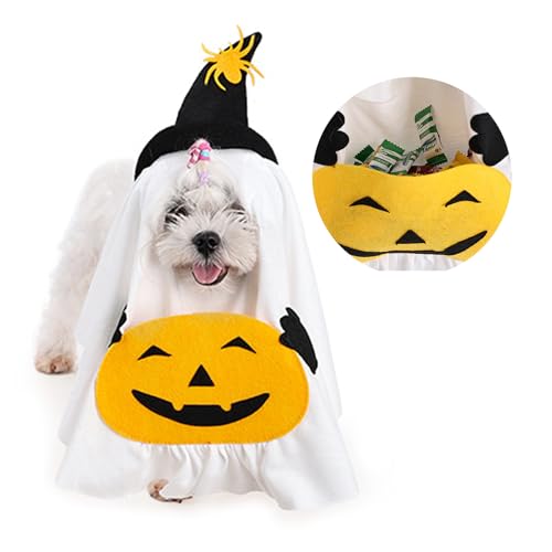 BEIJIALY Halloween-Hundekostüme mit Kürbistaschen, Weiße Geister-Hunde-Cosplay-Tücher, Halloween-Geisterkostüm für Hunde-Cosplay, Weißer Laken-Geisterumhang für Haustiere für (M) von BEIJIALY